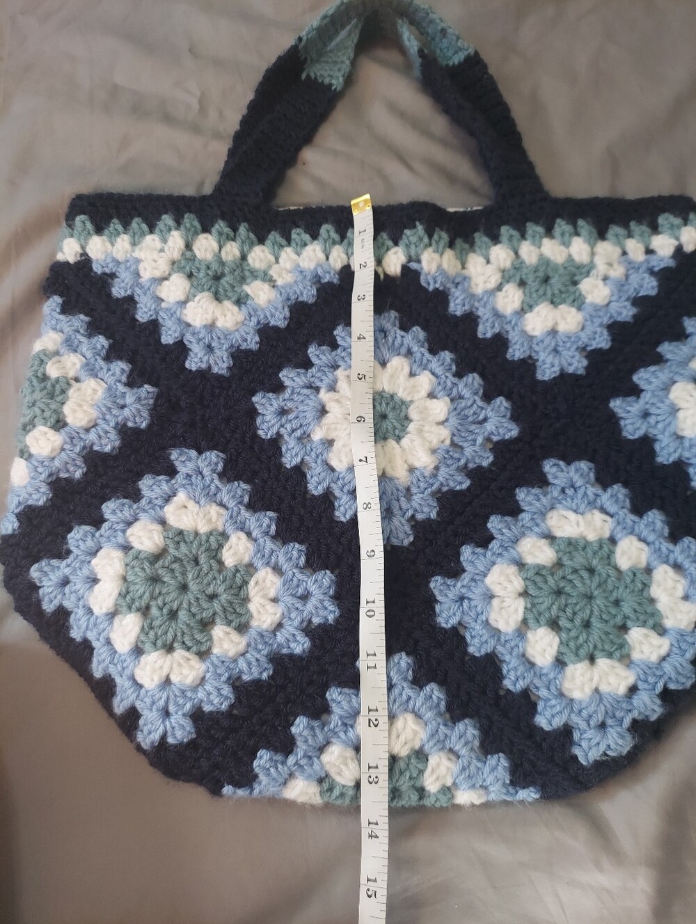 Granny Squares Crochet Tote Bag Handmade Fully Lined Blue, Navy, White - Picture 7 of 8